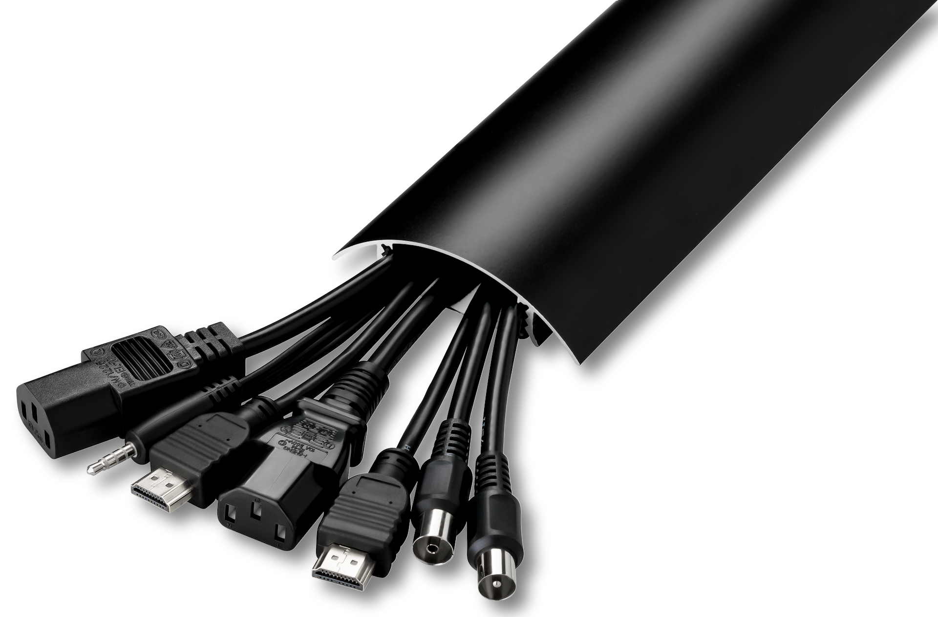 Anwendungsbeispiel für das Verstecken von bis zu 10 Kabeln im TV80 Kabelkanal in Schwarz matt RAL9005