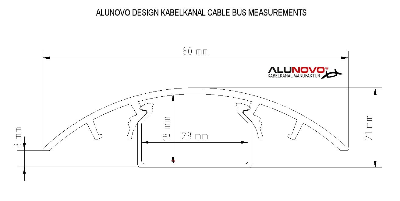 Verstecken Sie bis zu 10 Kabel in unserem 80mm Alunovo Kabelkanal aus Aluminium Detaillierte Maßangaben unseres 80mm Kabelkanals