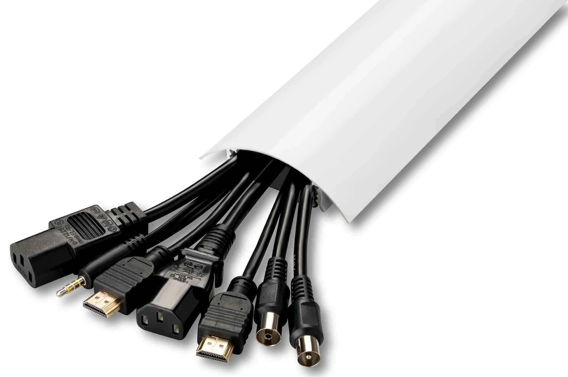 Anwendungsbeispiel für das Verstecken von bis zu 10 Kabeln im TV80 Kabelkanal in Weiss glänzend RAL9003