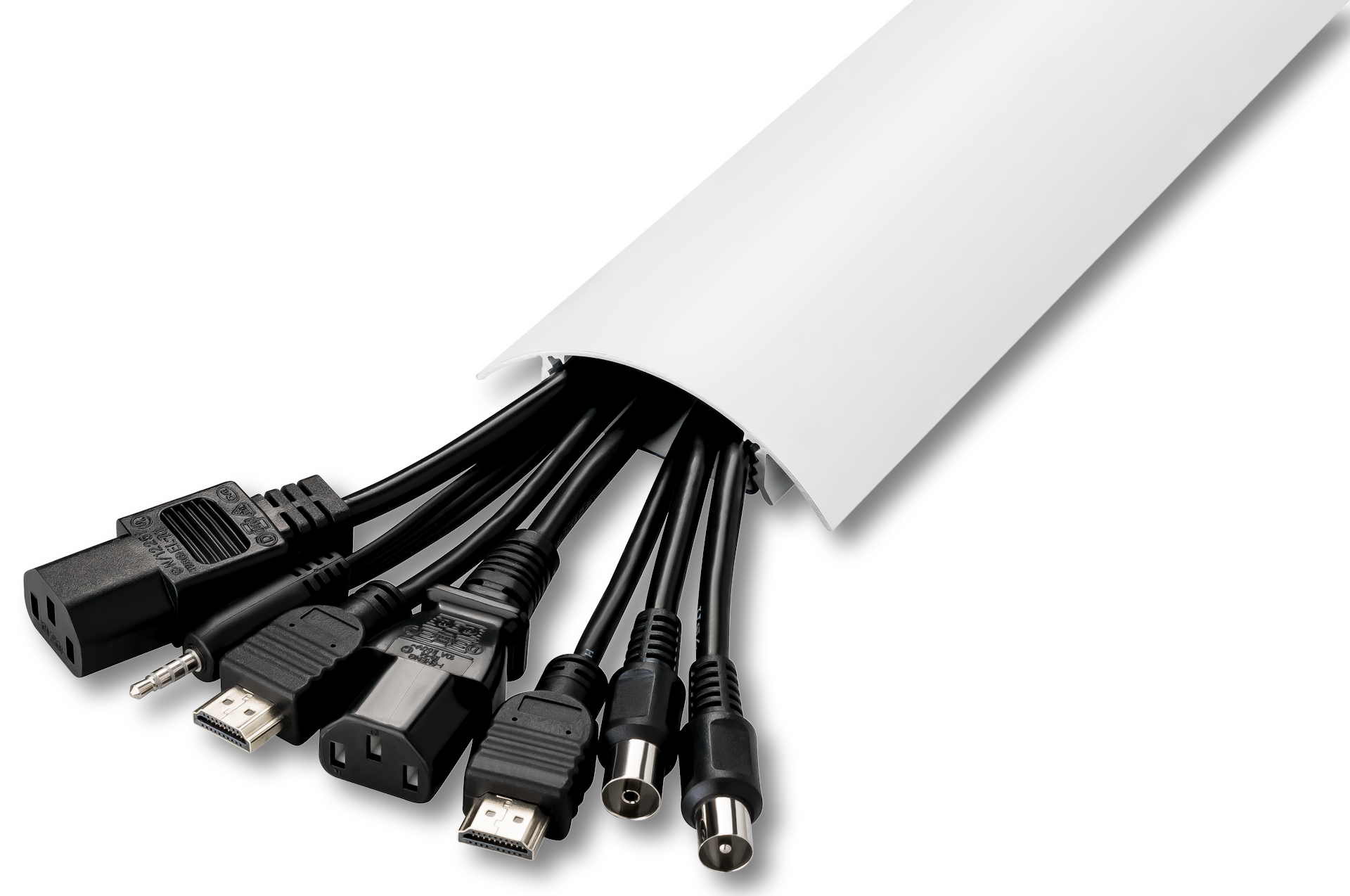 Anwendungsbeispiel für das Verstecken von bis zu 10 Kabeln im TV80 Kabelkanal in Weiss matt RAL9003