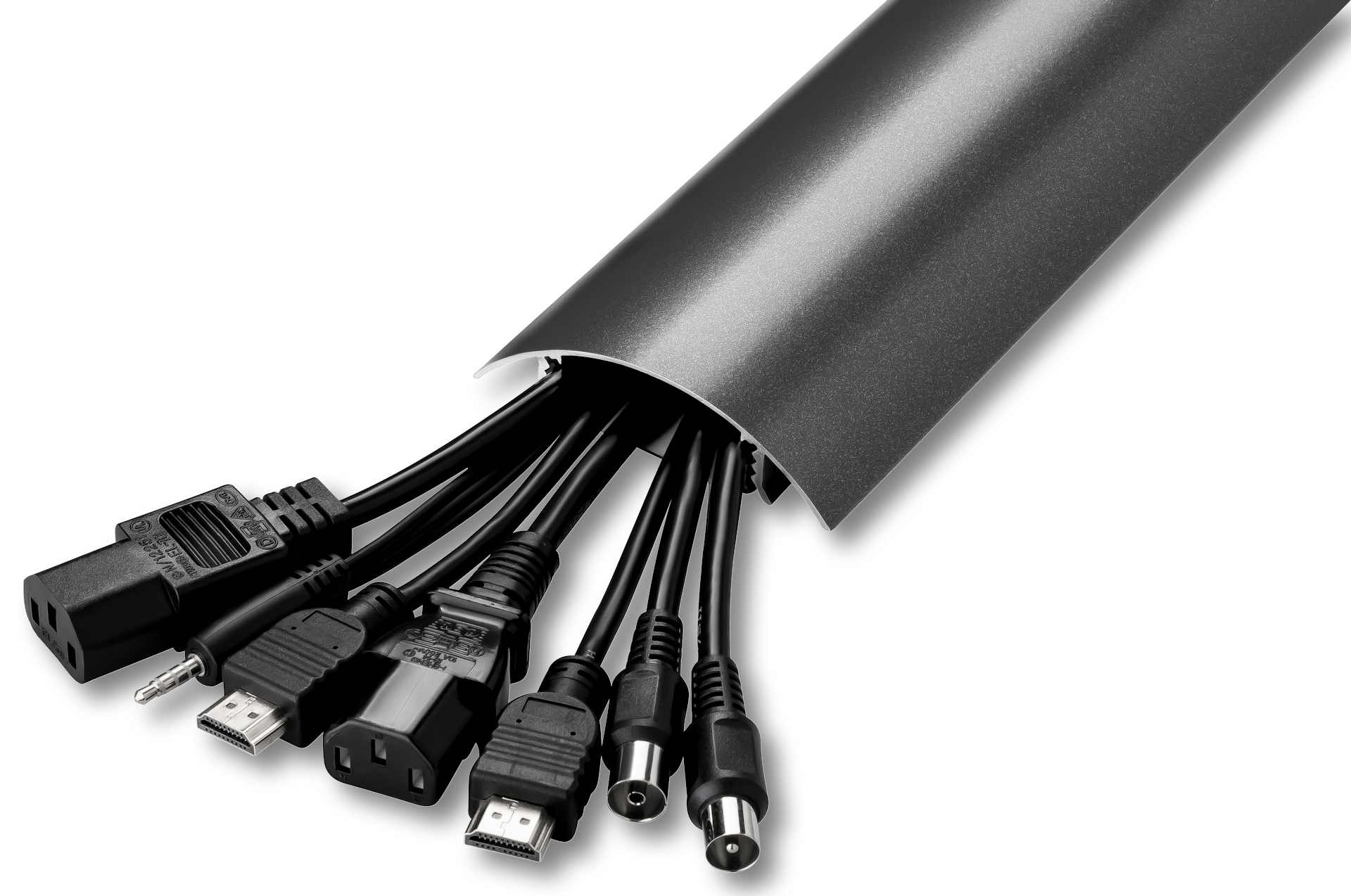 Anwendungsbeispiel für das Verstecken von bis zu 10 Kabeln im TV80 Kabelkanal in Titanium seidenmatt metallic