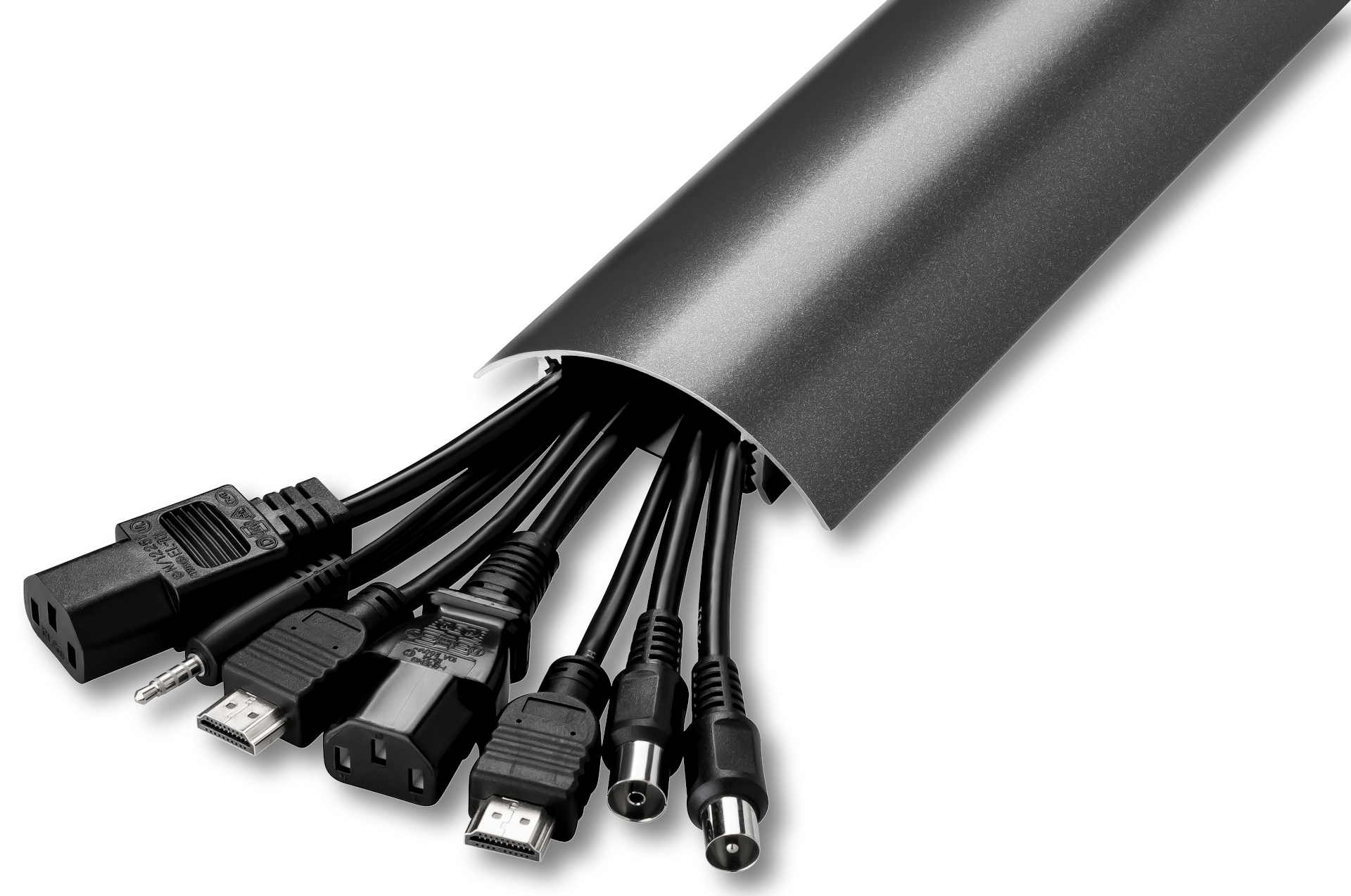 Verstecken Sie bis zu 8 Kabel in unserem Alunovo TV80 Kabelkanal in Titanium seidenmatt metallic um Ihr Zuhause ästhetisch abzurunden Anwendungsbeispiel für das Verstecken von bis zu 10 Kabeln im TV80 Kabelkanal in Titanium seidenmatt metallic