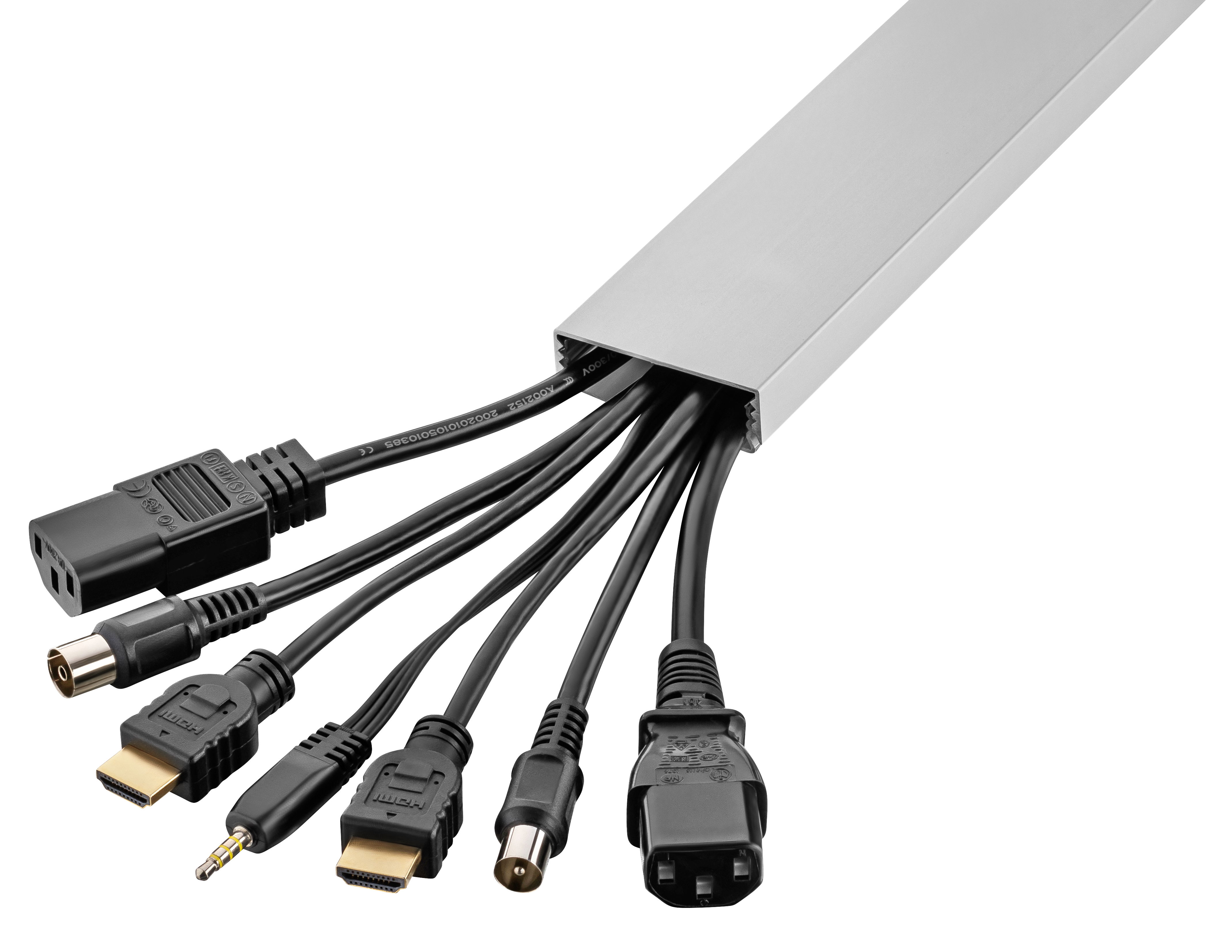 Jetzt unseren flachen Alunovo 50mm Kabelkanal bestellen um bis zu 8 Kabel zu verstecken Anwendungsbeispiel für das Verstecken von bis zu 8 Kabeln im flachen 50mm Kabelkanal von Alunovo