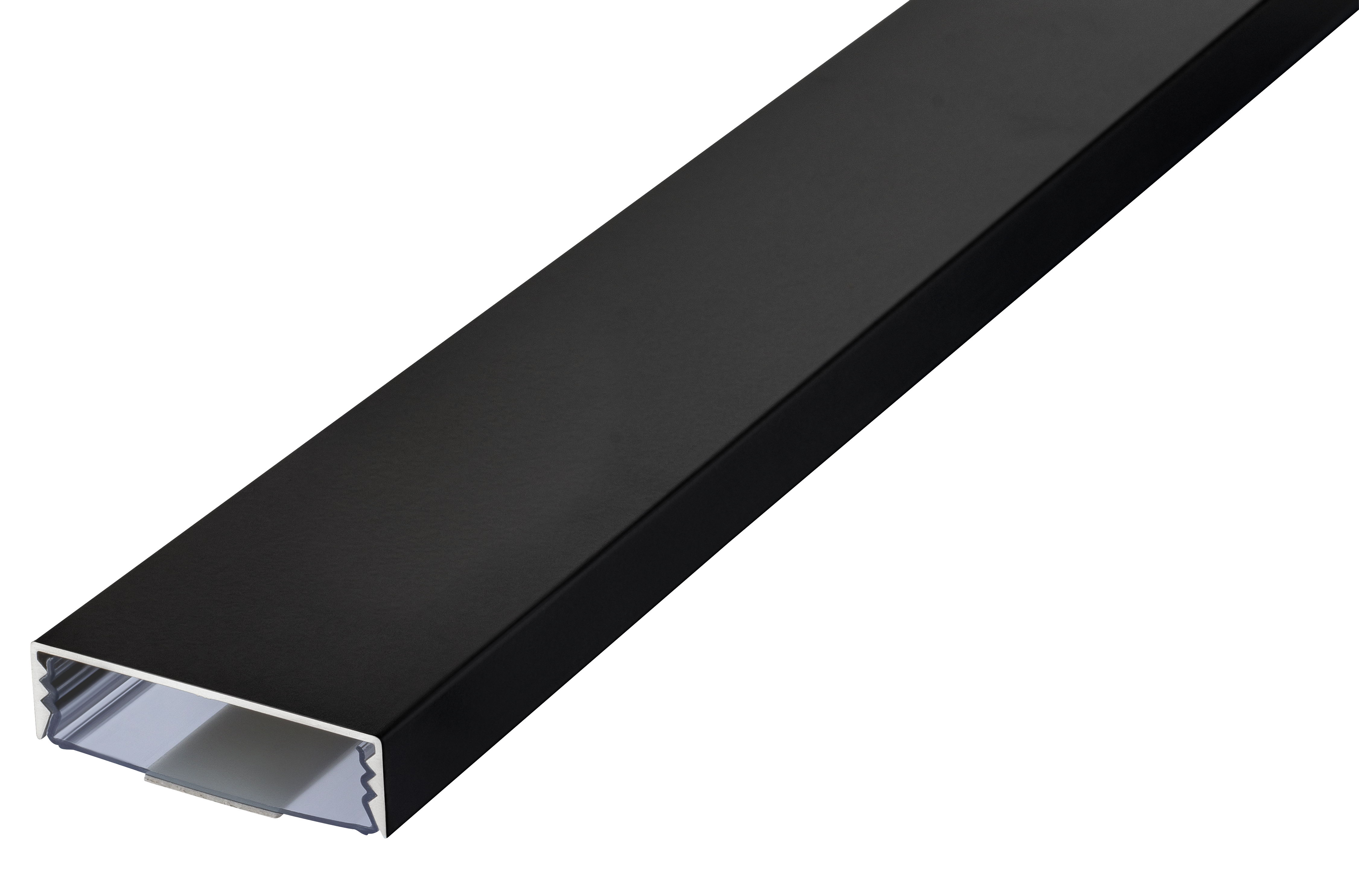 Jetzt den selbstklebenden, flachen 50mm Kabelkanal in Schwarz matt RAL9005 bei Alunovo bestellen Der flache 50mm Kabelkanal in Schwarz matt RAL9005 lackiert