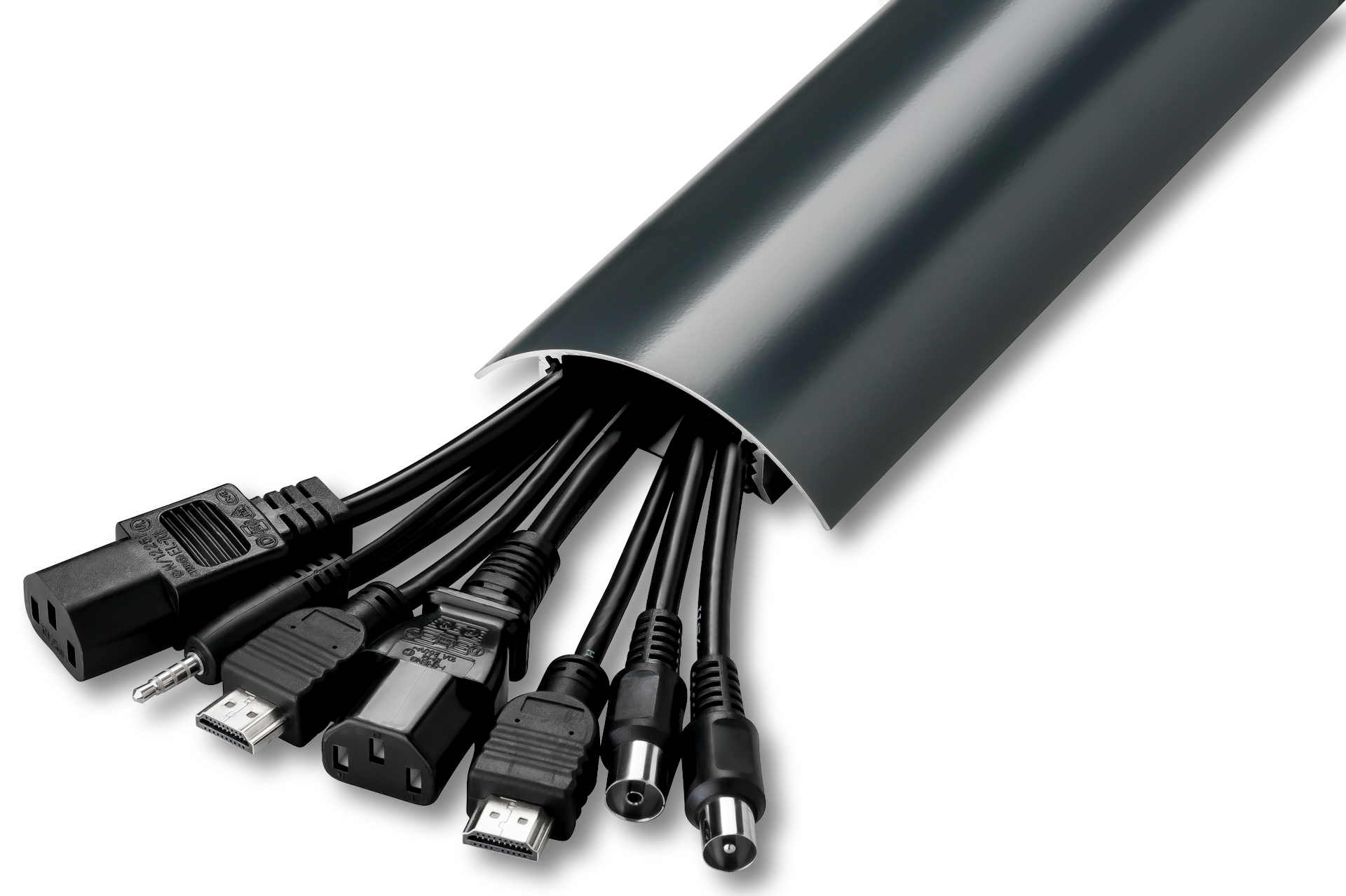 Verstecken Sie bis zu 8 Kabel in unserem Alunovo TV80 Kabelkanal in Anthrazit seidenmatt RAL7016 um Ihr Zuhause ästhetisch abzurunden Anwendungsbeispiel für das Verstecken von bis zu 10 Kabeln im TV80 Kabelkanal in Anthrazit seidenmatt RAL7016